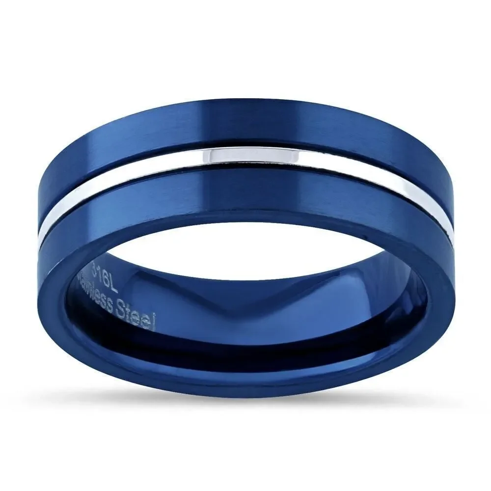 Blue Stainless Steel 6.5mm Satin Finish Striped Band Ring